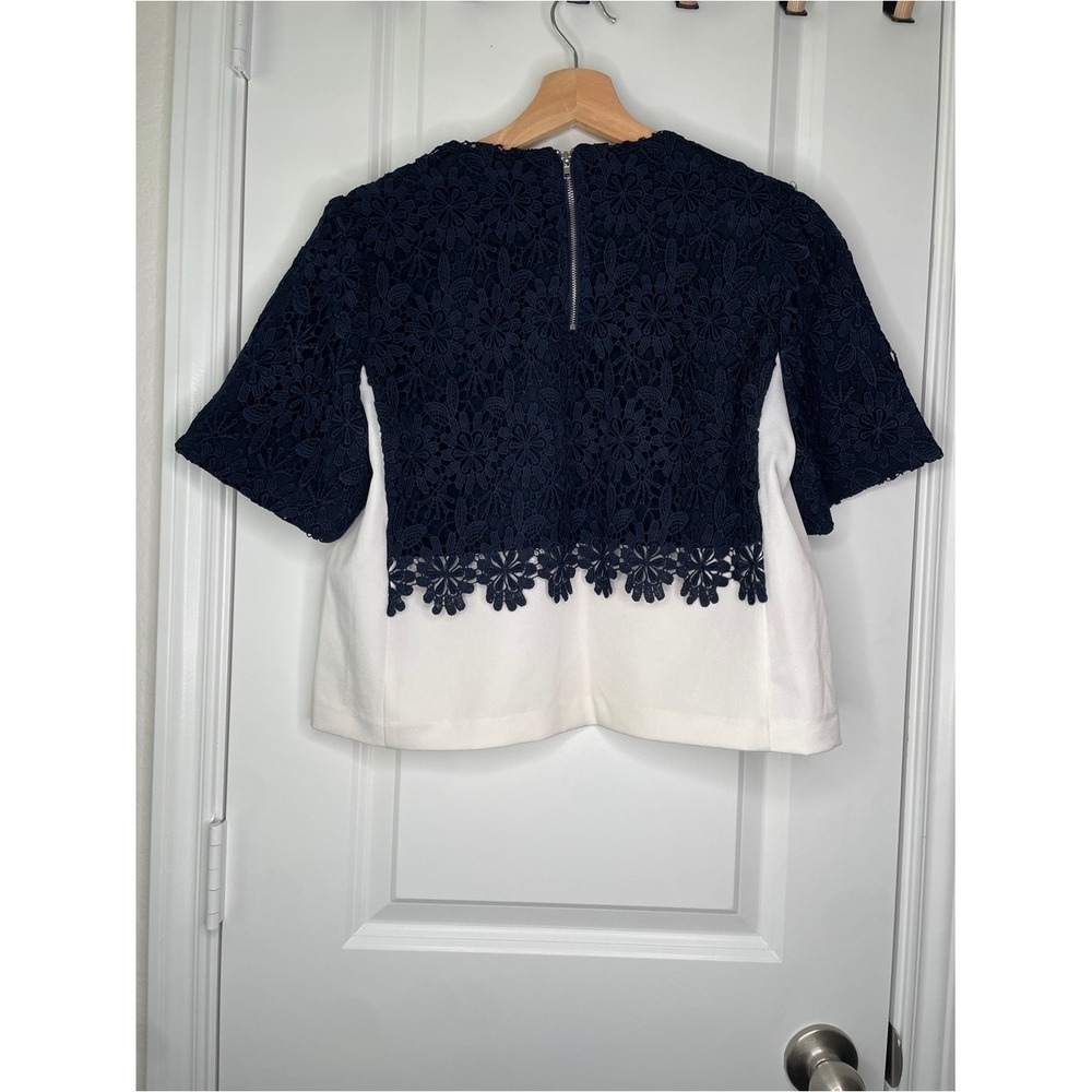Women's Navy Blue Floral Lace White Layered Short Sleeve Top Office Classy Large - Picture 7 of 7